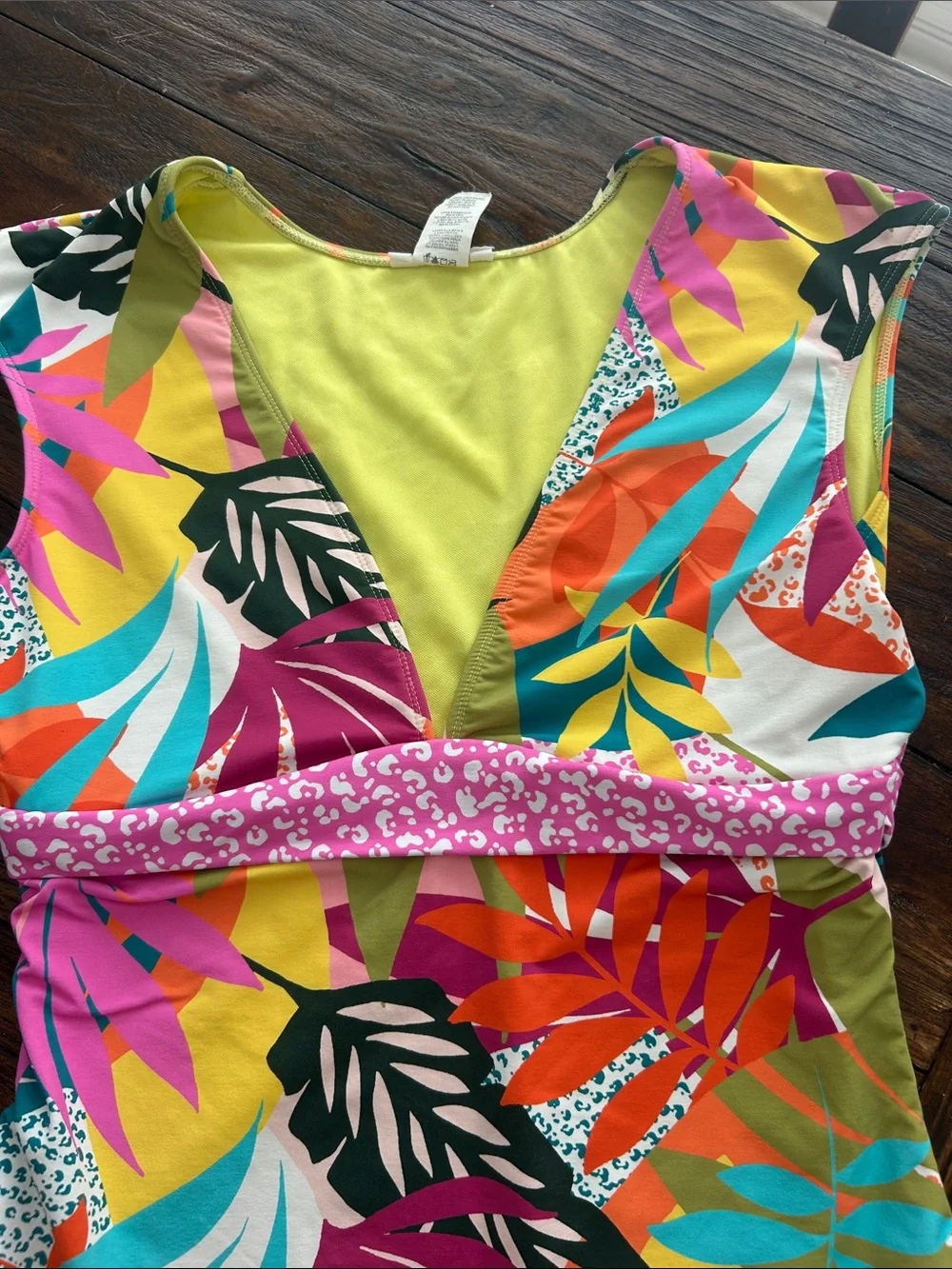 Tropical Multi-Color One-Piece Swimsuit - V-Neck, Pink Waistband